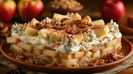 This dessert combines the natural sweetness and tartness of the apples with the rich, creamy, and crunchy textures of the toppings.