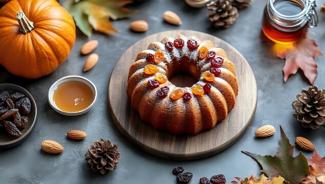 Homemade bundt cake decorated with cranberries on wooden board, surrounded by autumn elements like pumpkin, pine cones, honey and almonds on dark surface. - Powered by Adobe