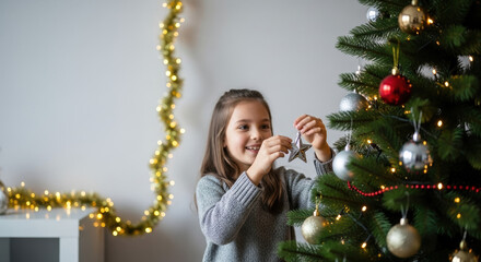 Christmas tree decoration involves smiling little girl with star ornament, Christmas tree decoration. She's arranging ornaments with star on green branches.