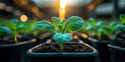Young green seedling growing in black plastic pot with rich soil, backlit by warm sunlight creating bokeh effect. Macro photography shows detailed leaves.