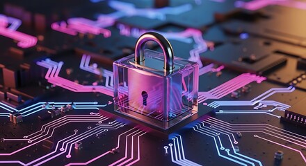 Digital padlock on a circuit board, symbolizing data security and protection in the cyber world with neon lights