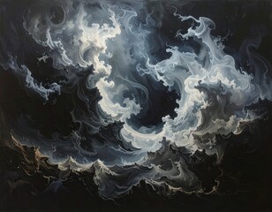 A dramatic abstract painting, featuring swirling, tumultuous forms of dark and light gray, evokes a powerful sense of movement and depth.