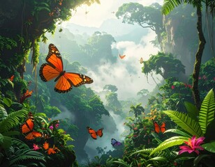 Lush, vibrant rainforest scene, filled with soaring butterflies and colorful flora, showcasing a misty, majestic landscape.