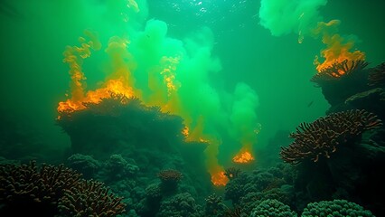 A terrifyingly beautiful underwater scene where the coral reef is consumed by an acidic neon-green and orange haze.