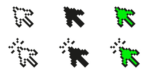 Pixel Art Mouse Cursor Icon Set. Retro Computer Pointer Symbol Collection. Black And Green Pixelated Design For Digital Interfaces. Isolated Vector Illustration