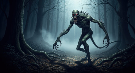 Obraz premium Forest monster emerges with long claws and sharp teeth in eerie woods. Forest monster is shown in dark and shadowy environment. This forest monster can be used for video games.