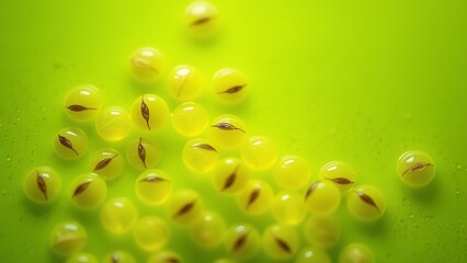 Fototapeta premium Glowing seeds suspended in vibrant green liquid, embodying natural healing and vitality.