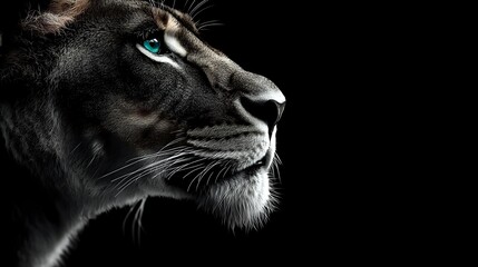 Dramatic side profile of black lion with striking blue eyes against dark background, highlighting majestic feline features and powerful predator presence.