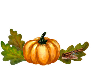 Pumpkins, autumn leaves,cinnamon sticks.Decorative Oak Leaves Border for Seasonal Design.Green and Orange Oak Leaves Vector Illustration Watercolor style