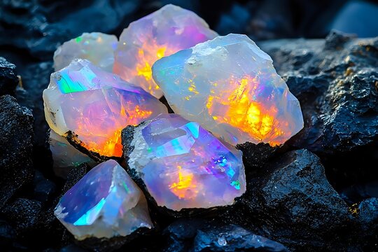 Raw opal crystals with vibrant rainbow fire display against dark rocks, showing natural iridescent play of colors in orange, purple, and blue hues. Precious gemstone macro.