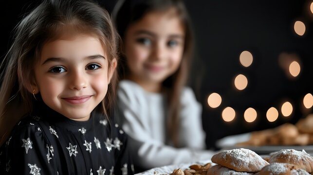 Young girls smiling while baking holiday cookies in kitchen with festive bokeh lights in background, creating warm family atmosphere during winter season. - Powered by Adobe