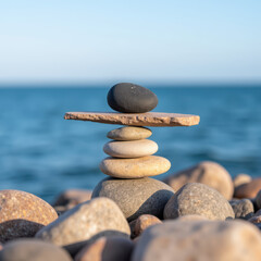 Balanced stones create serene and calming scene by water, showcasing harmony and tranquility in nature