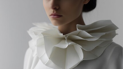 Close-up portrait of a woman's neck and upper body. she is wearing a white blouse with a large, ruffled collar.