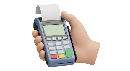 Hand holding a credit card reader with a receipt.