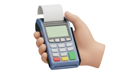 Hand holding a credit card reader with a receipt.