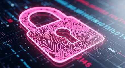 Digital padlock with circuit board pattern glowing pink on a dark background with binary code, representing cybersecurity and data protection