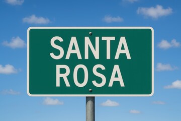 Green highway sign displaying "Santa Rosa" in white capital letters, set against a bright blue sky with scattered clouds.