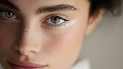 Close-up portrait of a young woman's face. she has fair skin and blue eyes. her eyebrows are neatly groomed and her skin appears to be clean and well-groomed.