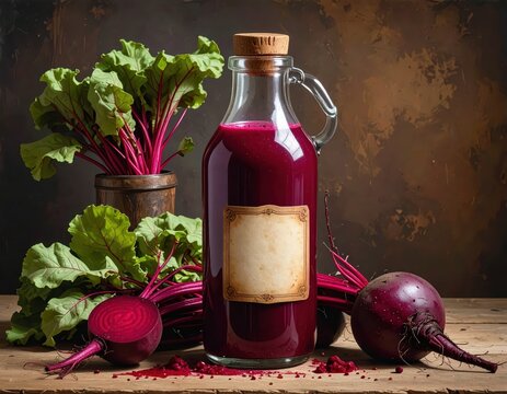 A glass bottle of vibrant beetroot juice rests among fresh beetroot roots and leaves on a rustic wooden table, showcasing a rich deep crimson color and a vintage feel.