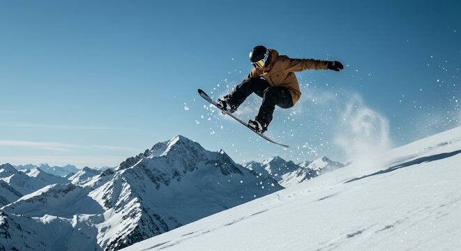 Skier catching air while performing jump on snowy mountain slope with clear blue sky and rugged snow-covered peaks in background during daytime winter outdoor adventure - Powered by Adobe