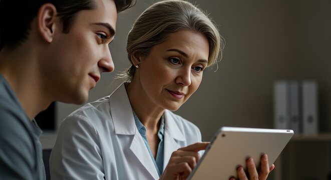 Doctor and young patient consulting using a tablet in a medical clinic or hospital setting with a professional and caring interaction between healthcare provider and patient