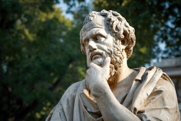 Fototapeta premium Stone statue of a bearded philosopher posed in contemplation, surrounded by lush greenery in a serene outdoor garden setting.