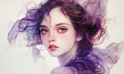 Fototapeta premium Ethereal portrait of a young woman with amethyst eyes and flowing hair