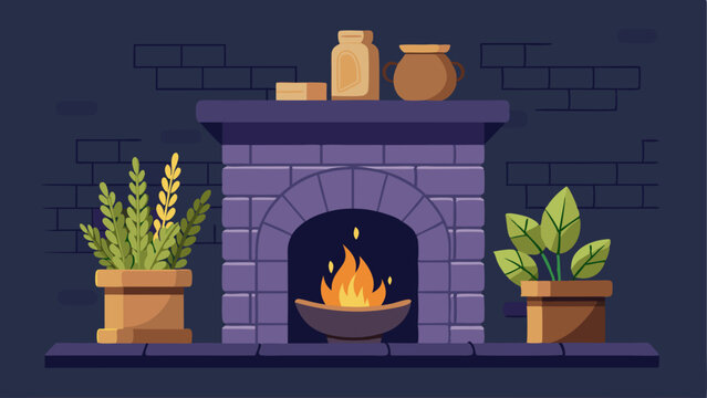 A fireplace with a stacked stone surround and a brass pot filled with fragrant herbs