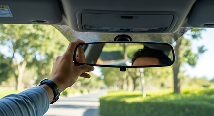 Driving Essentials Hand Adjusting the Rearview Mirror for Optimal Road Visibility and Safety