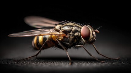 Extreme close-up of a metallic blue housefly showing vivid wing details, compound eyes, and body hairs against a dark black background.