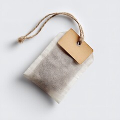 A tea bag with a beige tag and a jute string on a plain white background in a studio setting