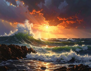 Dramatic sunset over crashing waves against a rocky shoreline, showcasing vibrant colors and powerful ocean waves.