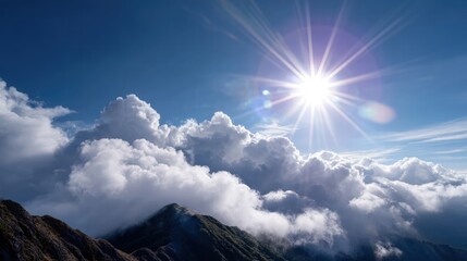 Breathtaking Mountain Scene with Sun and Clouds