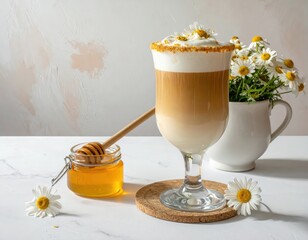 A delicate latte art creation, topped with whipped cream, yellow sprinkles, and adorned with fresh daisy flowers, sits beside a honey jar on a white marble surface.