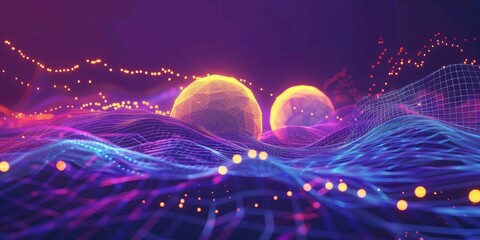 Abstract digital landscape with glowing spheres nestled within undulating, vibrant waves of interconnected nodes and lines, set against a deep purple backdrop sprinkled with luminous particles