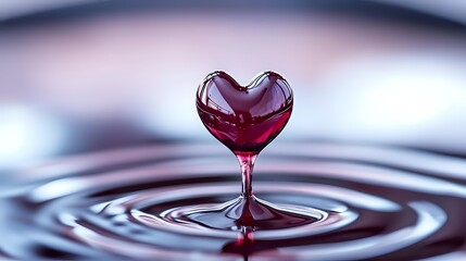 Red heart-shaped liquid drop splashing and creating concentric ripples on reflective surface against soft blurred background, capturing moment of impact in macro photography.