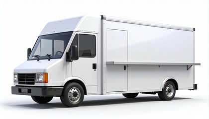 Naklejka premium Food truck mockup, White food truck sits parked on a clean white background, ready to serve customers with its blank canvas and potential for delicious meals.