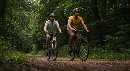 Two men riding mountain bikes on a dirt trail through a dense green forest during daytime, wearing helmets and casual sportswear, enjoying outdoor cycling adventure