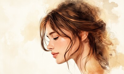Beautiful watercolor portrait of a thoughtful young woman with brunette hair