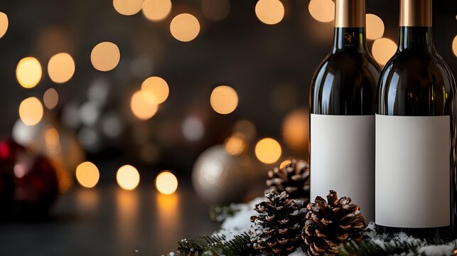 Wine bottles with blank labels and pine cones against dark background with golden bokeh lights, festive holiday setting for wine branding and marketing.