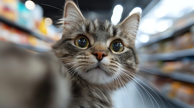 Close up portrait of gray tabby cat with bright green eyes looking up curiously against blurred store background, selective focus on feline face and whiskers.
