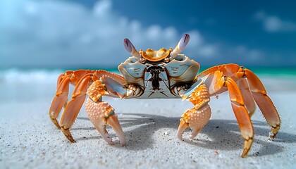 Orange ghost crab on white sandy beach against turquoise ocean and blue sky background, close up macro photography showing detailed crustacean features.