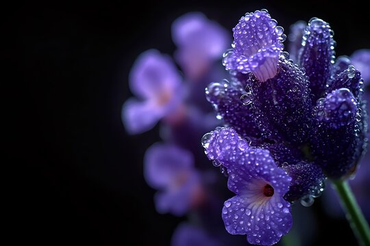 Purple lavender flowers covered in morning dew drops against dark background, macro photography showing delicate petals and water droplets in soft focus. - Powered by Adobe