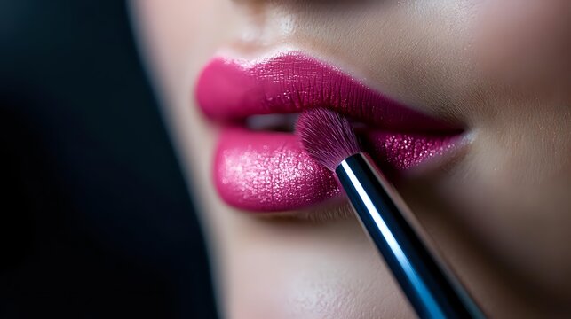 Close-up macro shot of applying bright pink lipstick on plump lips with makeup brush, showing professional cosmetic application technique against dark background.