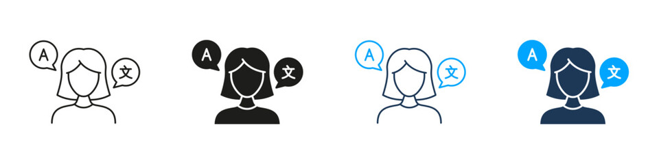 Female Translator With Speech Bubbles Line And Solid Icon Set. Woman Interpreter, Interpretation Symbol Collection. Language Skills And Translation Services. Isolated Vector Illustration