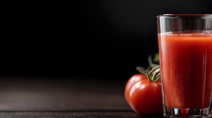 Fresh tomato juice in tall glass with whole ripe tomato on dark wooden table against black background, healthy drink photography for menu and advertising.