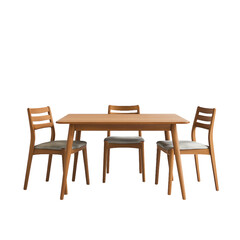 Wooden dining table and chairs in an empty room with a window, isolated on a white background