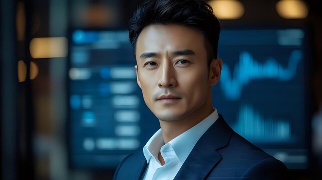 Confident Asian businessman in navy suit against blurred trading charts background, professional corporate portrait with modern finance technology atmosphere.