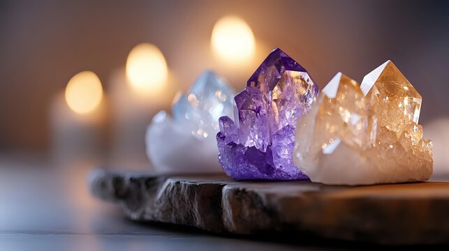 Healing crystals amethyst, citrine and clear quartz on dark stone surface with soft bokeh lights background for spiritual and wellness practices. - Powered by Adobe