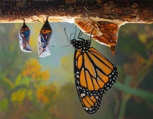 Monarch butterfly emerging from its chrysalis, alongside two other vibrant chrysalises, showcasing the beautiful stages of metamorphosis in nature.